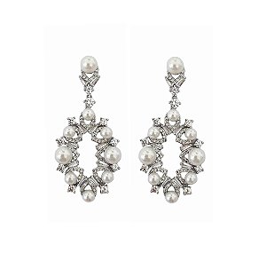 BRINCO EM PÊNDULO COM PÉROLAS E ZIRCÔNIAS BANHADO A RÓDIO BRANCO