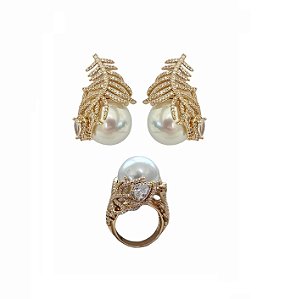 CONJUNTO LUXO PÉROLA COM RAMO CRAVEJADO BANHADO A OURO