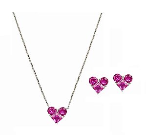 CONJUNTO CORAÇÃO SAFIRA ROSA BANHADO A RÓDIO BRANCO