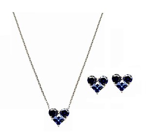 CONJUNTO CORAÇÃO TANZANITA BANHADO A RÓDIO BRANCO