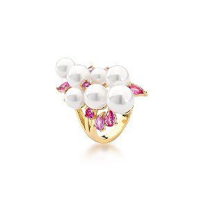 ANEL COM PÉROLAS E CRISTAIS DIVERSOS BANHADO A OURO