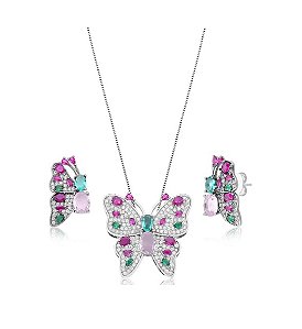 CONJUNTO BORBOLETA CRAVEJADA COLORIDA BANHADO A RÓDIO BRANCO