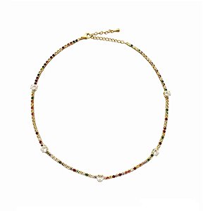 CHOKER RIVIERA COLORIDA COM CORAÇÕES CRISTAIS BANHADO A OURO