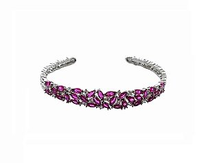 BRACELETE CRAVEJADO SAFIRA ROSA ABERTO BANHADO A RÓDIO BRANCO