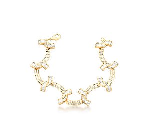 PULSEIRA COM CURVAS E ZIRCÔNIAS BAGUETES BRANCAS BANHADA A OURO