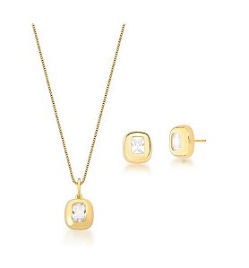 CONJUNTO ZIRCÔNIA RETANGULAR CRISTAL BANHADO A OURO