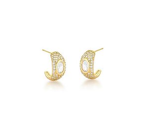 MEIA ARGOLA COM PEDRA CENTRAL OVAL BANHADA A OURO