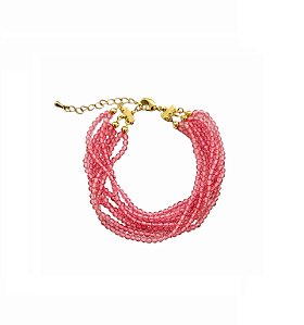 PULSEIRA COM SETE FILEIRAS DE CRISTAIS ROSA BANHADA A OURO