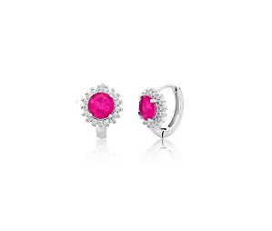 ARGOLA COM PEDRA REDONDA TURMALINA ROSA FUSION BANHADA A RÓDIO BRANCO
