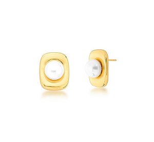 BRINCO RETANGULAR LISO E PÉROLA SHELL BANHADO A OURO