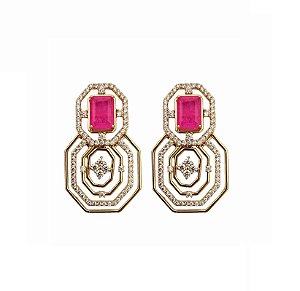 BRINCO LUXO PEDRA RETANGULAR TURMALINA ROSA BANHADO A OURO