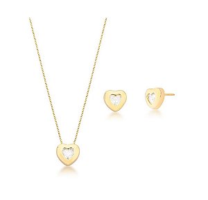 CONJUNTO CORAÇÃO LISO COM ZIRCÔNIA CENTRAL BANHADO A OURO