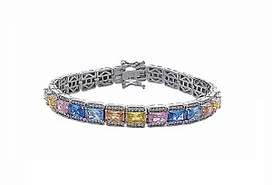 PULSEIRA LUXO ZIRCÔNIAS COLORIDAS BANHADO A RÓDIO BRANCO