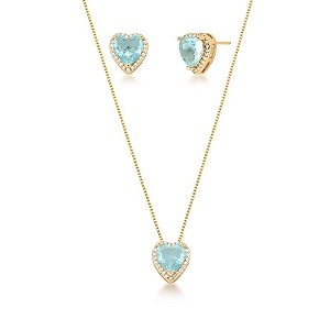 CONJUNTO CORAÇÃO ZIRCÔNIA AQUAMARINE BANHADO A OURO