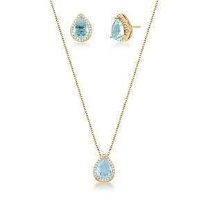 CONJUNTO GOTA ZIRCÔNIA AQUAMARINE BANHADO A OURO