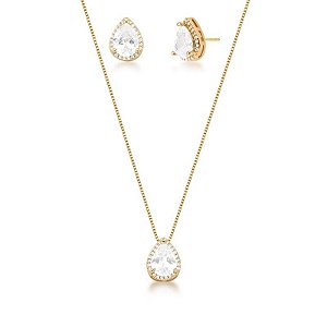 CONJUNTO GOTA ZIRCÔNIA CRISTAL BANHADO A OURO