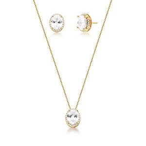 CONJUNTO OVAL ZIRCÔNIA CRISTAL BANHADO A OURO