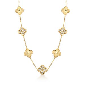 COLAR LONGO COM TREVOS CRAVEJADOS INTERCALADOS BANHADO A OURO