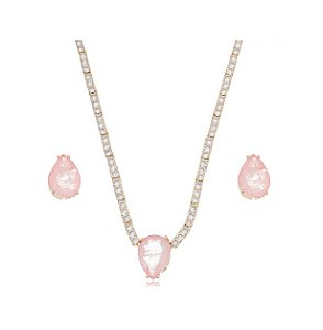 CONJUNTO RIVIERA COM GOTA LIGHT PINK FUSION BANHADO A OURO