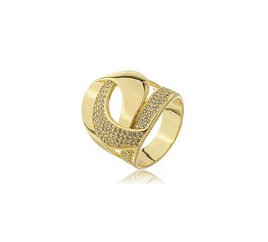 ANEL LARGO TRANÇADO COM CRAVAÇÃO FRONTAL BANHADO A OURO