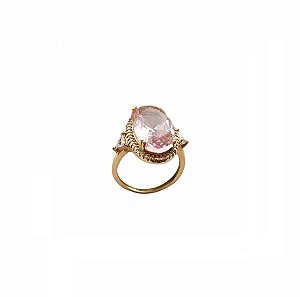 ANEL SOLITÁRIO ZIRCÔNIA ROSA BANHADO A OURO