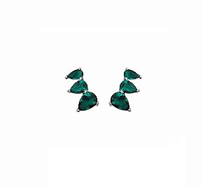 MINI EAR CUFF TRÊS GOTAS ESMERALDA BANHADO A RÓDIO BRANCO