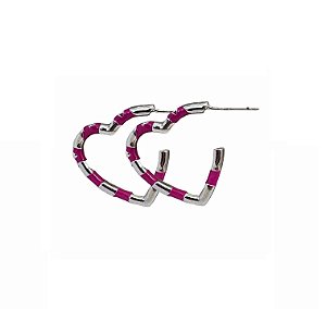 MEIA ARGOLA CORAÇÃO ROSA COM PONTOS DE LUZ BANHADO A RÓDIO BRANCO