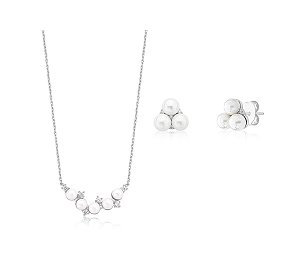 CONJUNTO DE PÉROLAS E PONTOS DE ZIRCÔNIA BANHADO A RÓDIO BRANCO