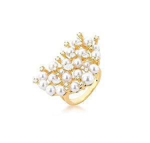 ANEL MAXI CORAÇÃO EM PÉROLAS E PONTOS DE ZIRCÔNIAS BANHADO A OURO