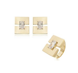 CONJUNTO RETANGULAR PEDRA RETANGULAR CRISTAL BANHADO A OURO
