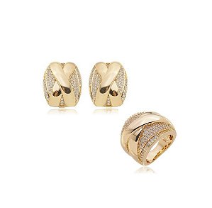 CONJUNTO X LISO COM CRAVAÇÃO LATERAL BANHADO A OURO