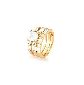 ANEL TRIPLO COM CRAVAÇÃO BAGUETADA CRISTAL BANHADO A OURO