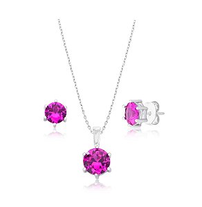 CONJUNTO REDONDO SAFIRA ROSA BANHADO A RÓDIO BRANCO