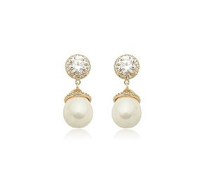 BRINCO DE PÉROLA EM PÊNDULO COM ZIRCÔNIAS REDONDA BANHADO A OURO