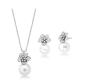CONJUNTO FLOR CRAVEJADA COM PÉROLA BANHADO A RÓDIO BRANCO