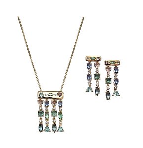 CONJUNTO COM FORMAS GEOMÉTRICAS EM PÊNDULO BANHADO A OURO