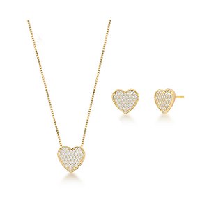 CONJUNTO CORAÇÃO CRAVEJADO BANHADO A OURO