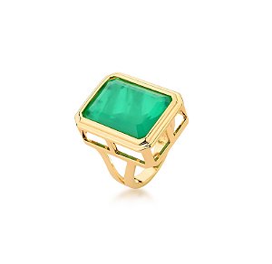 ANEL PEDRA RETANGULAR ESMERALDA FUSION BANHADO A OURO