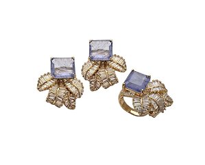 CONJUNTO PEDRA LAVANDA FUSION COM FOLHAS CRAVEJADAS BANHADO A OURO