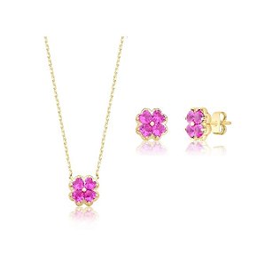 CONJUNTO TREVO SAFIRA ROSA BANHADO A OURO