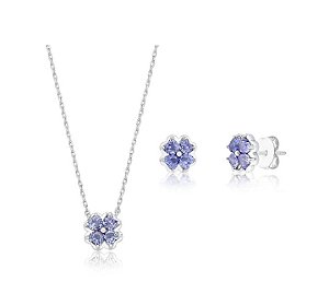 CONJUNTO TREVO TANZANITA BANHADO A RÓDIO BRANCO