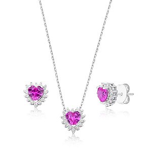 CONJUNTO CORAÇÃO SAFIRA ROSA BANHADO A RÓDIO BRANCO