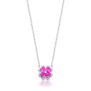 COLAR TREVO SAFIRA ROSA BANHADO A RÓDIO BRANCO
