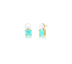 BRINCO PÉROLA COM ZIRCÔNIA QUADRADA ESMERALDA COLOMBIANA BANHADO A OURO