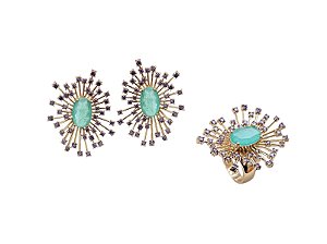 CONJUNTO PEDRA OVAL ESMERALDA COLOMBIANA COM PONTOS TANZANITA BANHADO A OURO