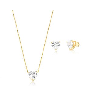 CONJUNTO CORAÇÃO ZIRCÔNIA CRISTAL BANHADO A OURO
