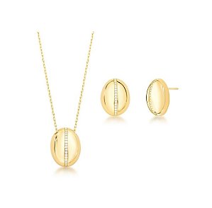 CONJUNTO OVAL COM FILEIRA CRAVEJADA BANHADO A OURO