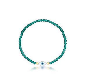 PULSEIRA COM CRISTAIS BÚLGAROS VERDE E PINGENTE OLHO GREGO