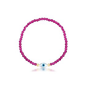 PULSEIRA COM CRISTAIS BÚLGAROS ROSA E PINGENTE OLHO GREGO