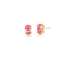 BRINCO OVAL CRISTAL ROSA BANHADO A OURO
